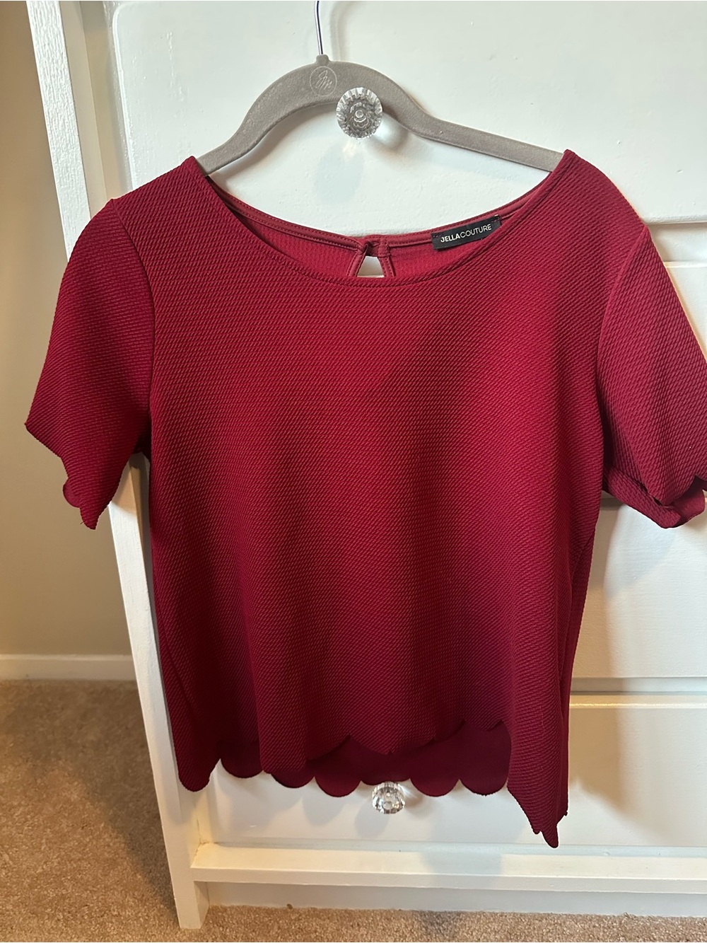 Jella Couture Short Sleeve Scallop-Hem Top - Burgundy Worn Once